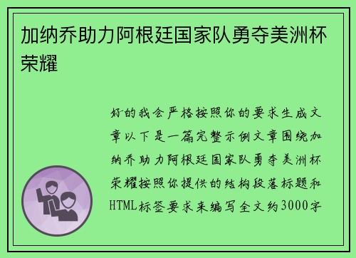 加纳乔助力阿根廷国家队勇夺美洲杯荣耀 加纳乔助力阿根廷国家队勇夺美洲杯荣耀